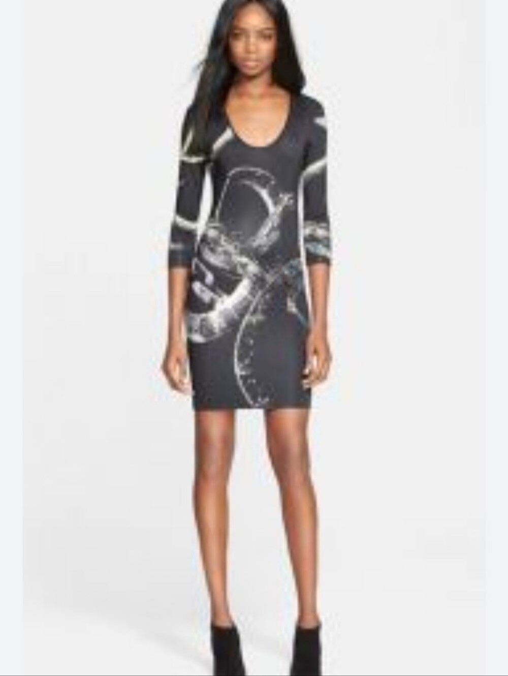 Just Cavalli 2015 Black Snake Print Tissuto 3/4 Sleeve Mid Length Dress